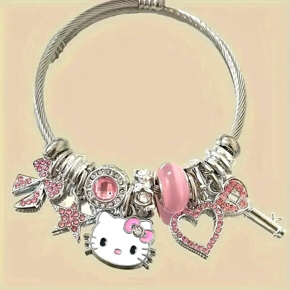 Hello Kitty Charm Bracelet Sanrio Rhinestone Heart Key Emo Beads Stylish Rave - Picture 3 of 4